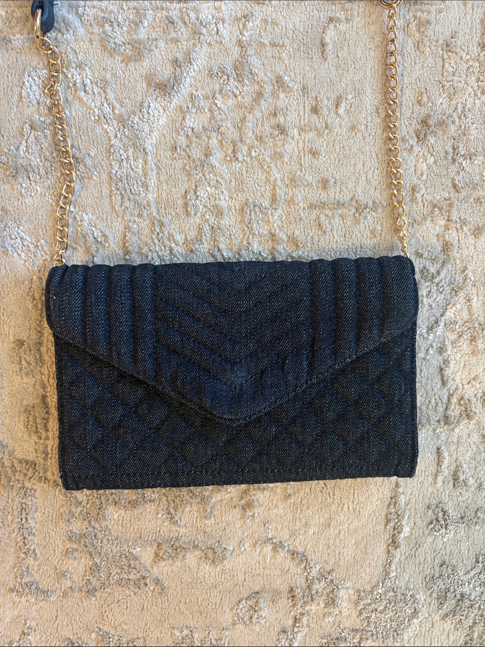 Kelly and Katie Quilted Denim Envelope Clutch Crossbody Dark Blue w/ Gold Chain